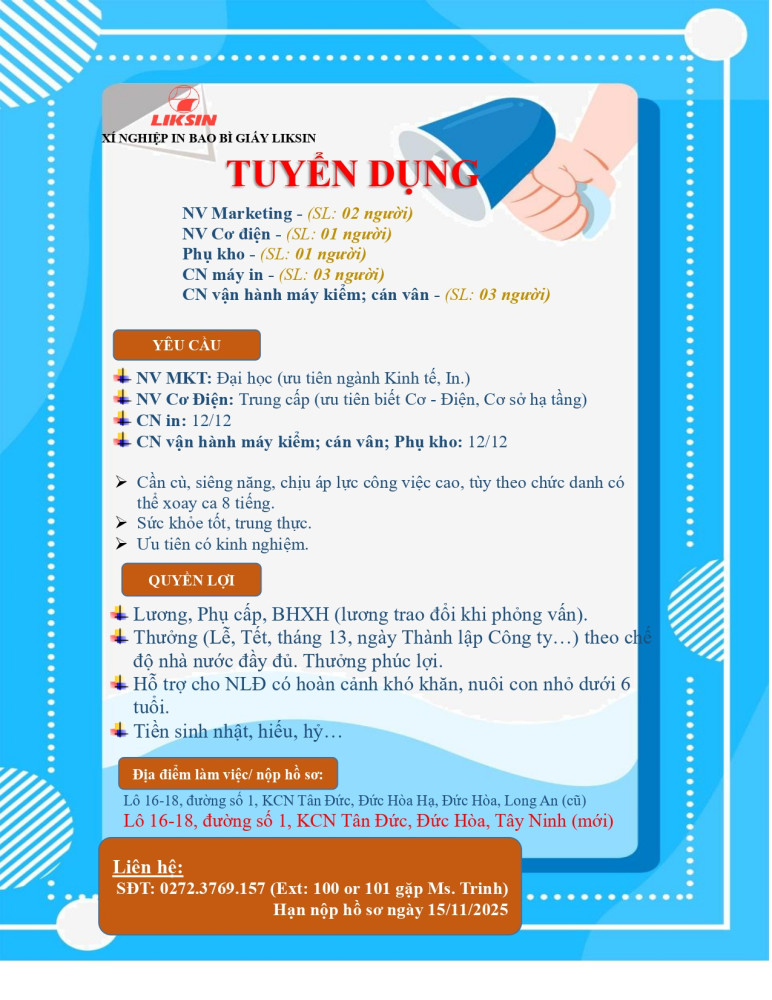 Xí Nghiệp bao bì giấy Liksin tuyển dụng